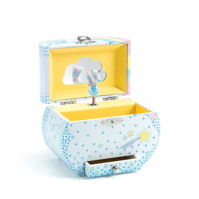 The DJECO Unicorn Dreams Musical Treasure Box is a vibrant unicorn-themed jewelry box with a cloud design. Open the lid to find a unicorn figurine and mirror inside, while stars and rainbows adorn the exterior. It also features a tiny drawer at the bottom for extra storage.