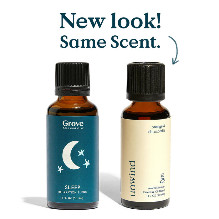 Two bottles of organic essential oils are shown. Left: Grove Co., Sleep, Relaxation Blend, with moon and stars. Right: new label, reads Unwind Essential Oil Blend - Orange & Chamomile. Above it says: New look! Same scent for your aromatherapy.