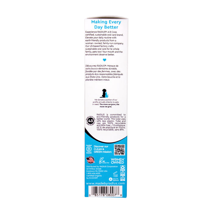 The image displays the side of a Radius USDA Organic Canine Toothpaste box, featuring details on the brands sustainable practices, eco-certifications, contact info, organic certification logos, and a barcode—underscoring its organic dental care focus.