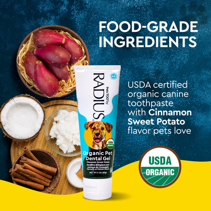 A tube of Radius USDA Organic Canine Toothpaste is shown with sweet potatoes, coconut oil, and cinnamon on a yellow and blue background. Text highlights food-grade ingredients, USDA Organic certification, and trusted dog dental care.