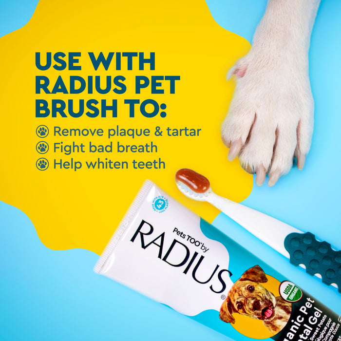 A dogs paw beside a human hand, with a tube of Radius USDA Organic Canine Toothpaste and a blue toothbrush holding gel on a vibrant blue-yellow background. Benefits listed: removes plaque, whitens teeth, fights bad breath—organic dog dental care.