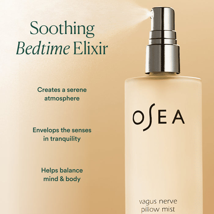 OSEA Vagus Nerve Pillow Mist is a soothing bedtime elixir that creates a serene, calming atmosphere, enveloping your senses in tranquility to help balance mind and body.