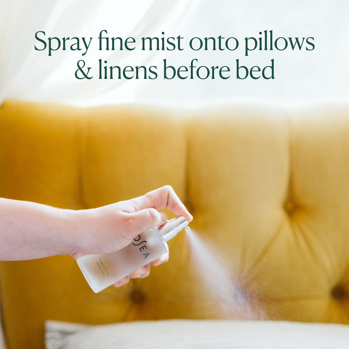 A hand sprays OSEA’s Vagus Nerve Pillow Mist onto a yellow cushion, with text above: “Spray fine mist onto pillows & linens before bed to relax.”.