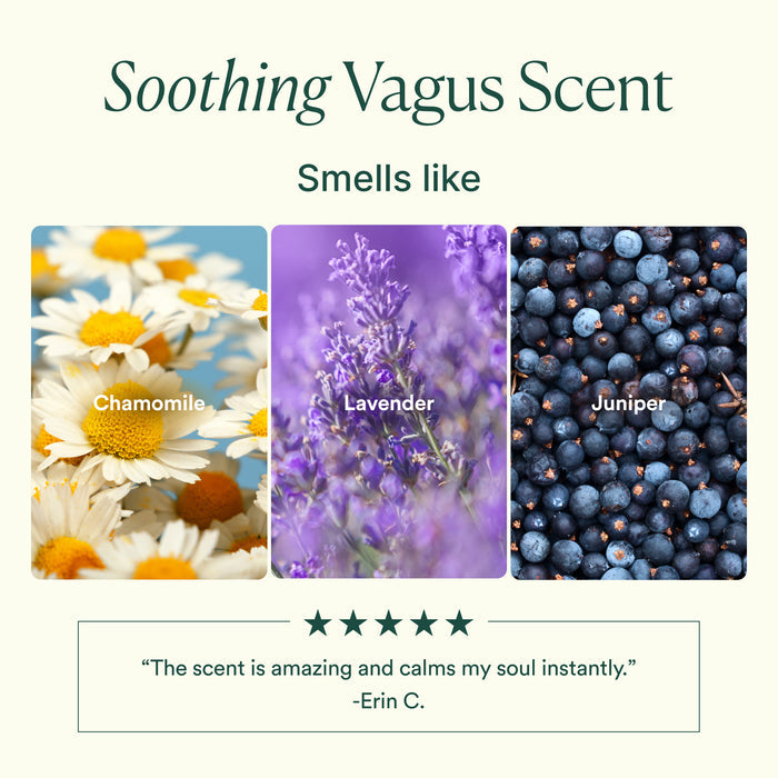 Graphic for OSEA's Vagus Nerve Pillow Mist, with chamomile, lavender, and juniper. Below: “The scent is amazing and calms my soul instantly.” Ideal for relaxation or as a soothing pillow mist.