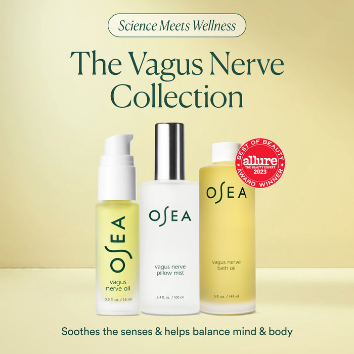 OSEA’s Vagus Nerve Pillow Mist, displayed on a light surface with a “Best of Beauty Allure Award Winner” badge, is highlighted for its relaxing, soothing, and calming effects.