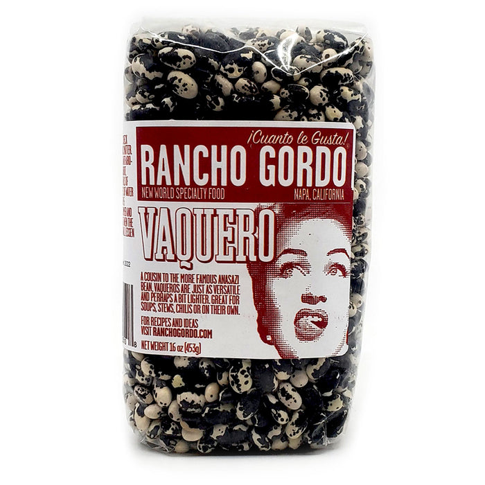 A really lovely cousin to the Anasazi bean, Vaquero have intriguing black and white markings, similar to an appaloosa horse. The flavor is somewhat like the Anasazi, but a little lighter. It also has an inky, black pot liquor. It looks cool and tastes great.