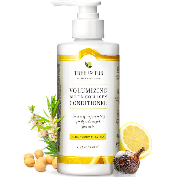 The Tree To Tub Vegan Collagen & Biotin Conditioner for Fuller Stronger Hair features lemon, tea tree, soapberries, and soybeans. Enriched with vegan collagen and argan oil, it highlights thickening and rejuvenating benefits for dry, damaged, fine hair.