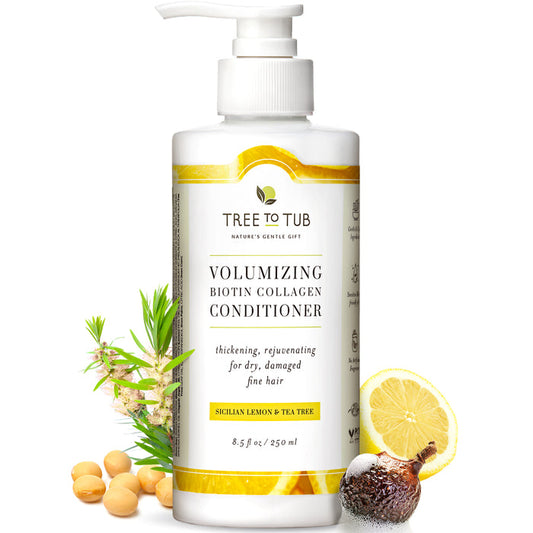 The Tree To Tub Vegan Collagen & Biotin Conditioner for Fuller Stronger Hair features lemon, tea tree, soapberries, and soybeans. Enriched with vegan collagen and argan oil, it highlights thickening and rejuvenating benefits for dry, damaged, fine hair.