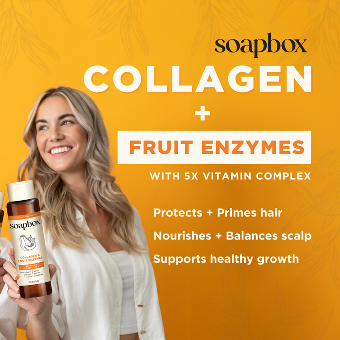 A woman with long hair holds a bottle of Soapbox Vegan Collagen & Fruit Enzymes Strengthening Conditioner. Against a yellow background, text highlights its benefits: protects, primes hair, nourishes with collagen peptides, balances scalp, and supports healthy growth.