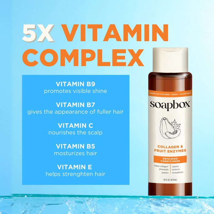 Image of a Soapbox bottle labeled Vegan Collagen & Fruit Enzymes Strengthening Conditioner, featuring a 5x Vitamin Complex with B9, B7, C, B5, and E. The background displays a gradient blue with gentle water waves at the bottom.