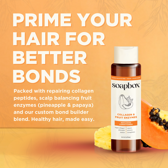 A bottle of Soapbox Vegan Collagen & Fruit Enzymes Strengthening Conditioner is displayed with pineapple and papaya slice illustrations, featuring the text: Prime Your Hair for Better Bonds, highlighting its bond builder features with collagen peptides and fruit enzymes.