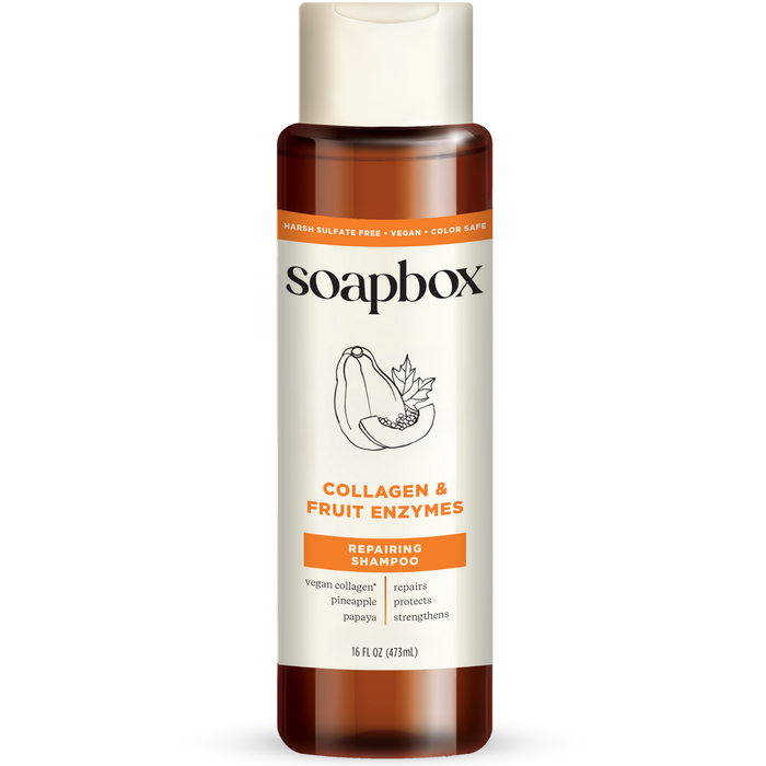 A 16 fl oz bottle of Soapbox Vegan Collagen & Fruit Enzymes Strengthening Shampoo, enriched with collagen peptides and pineapple papaya, features a vitamin complex that repairs, protects, and strengthens hair.