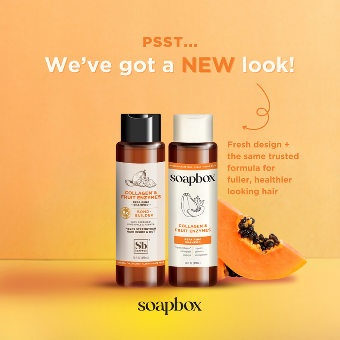 Two bottles of Soapboxs Vegan Collagen & Fruit Enzymes Strengthening Shampoo feature a new look. On the light orange background with a papaya slice, it reads: Weve got a NEW look! and Fresh design + same trusted formula with collagen peptides for fuller, healthier-looking hair.