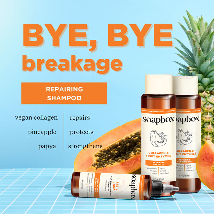 Soapboxs Vegan Collagen & Fruit Enzymes Strengthening Shampoo ad features three bottles with a blue grid and tropical backdrop. Text emphasizes benefits: vegan collagen with a vitamin complex for repair, protection, and strengthening. Pineapple and papaya images highlight hair repair benefits.