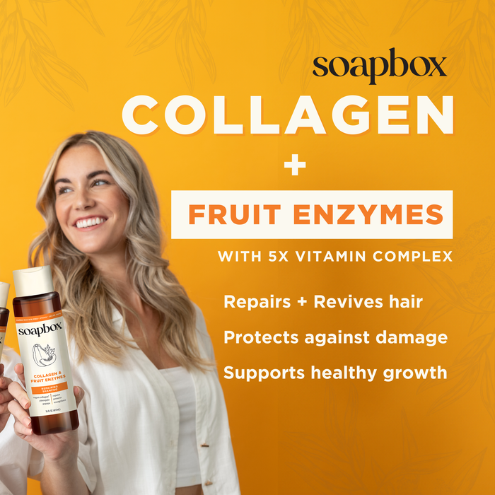 A person smiles holding a bottle of Soapbox Vegan Collagen & Fruit Enzymes Strengthening Shampoo. Text highlights its benefits: Repairs + Revives hair, Protects against damage with collagen peptides, Supports healthy growth, set against an orange background with leaf designs.