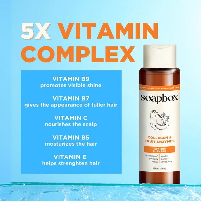 A Soapbox Vegan Collagen & Fruit Enzymes Strengthening Shampoo bottle is set against a gradient blue background, showcasing 5X Vitamin Complex with B9 for shine, B7 for fullness, C for scalp health, B5 for moisture, and E for strengthening—ideal for hair repair.