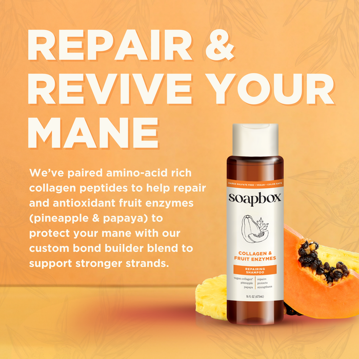 The image features a bottle of Soapboxs Vegan Collagen & Fruit Enzymes Strengthening Shampoo amid papaya and pineapple, highlighting benefits like hair repair with collagen peptides and a vitamin complex for revitalizing natural hair vitality.