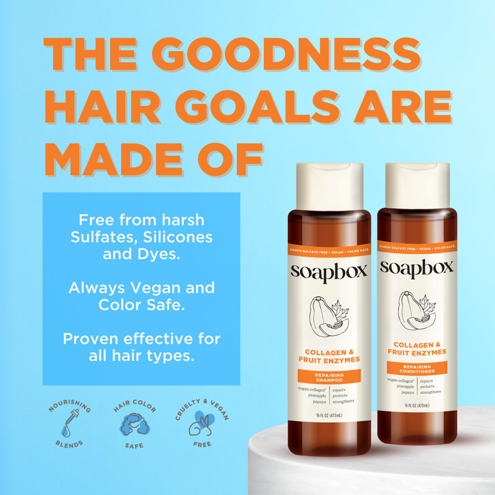 Two bottles of Soapboxs Vegan Collagen & Fruit Enzymes Strengthening Shampoo sit on a light surface. The product is sulfate-free, silicone-free, dye-free, vegan, color-safe, ideal for hair repair, and effective for all hair types against a light blue background.