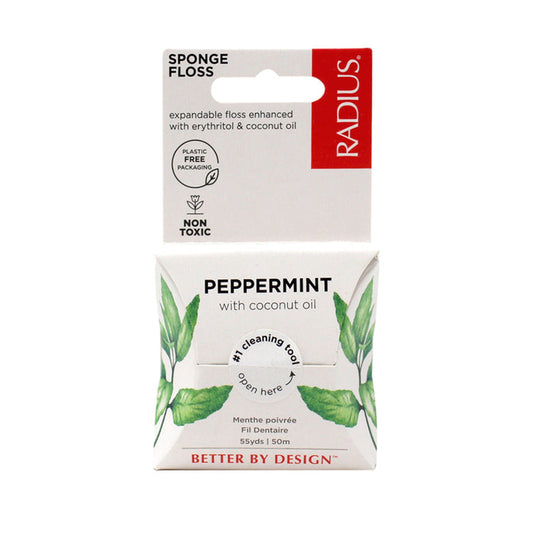 A 55-yard (50m) box of Radius Vegan Floss in peppermint and coconut oil, with cavity-fighting erythritol, green mint leaves, non-toxic, plastic-free packaging, and an easy-open tab.