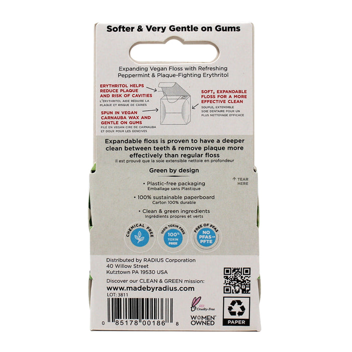 Back view of a Radius Vegan Floss box with plastic-free packaging shows product details, features, instructions, environmental certifications, company info, and a QR code on a white background.