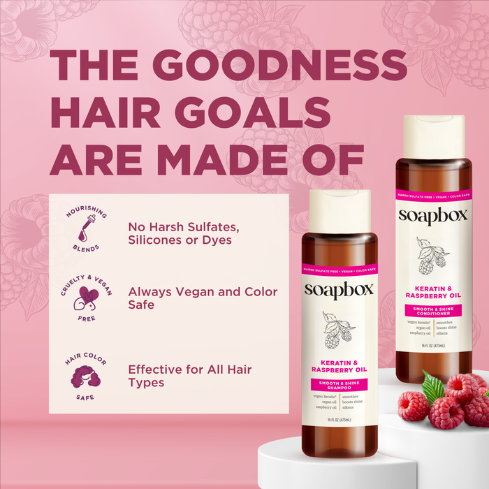 A promotional image for Soapbox Vegan Keratin & Raspberry Seed Oil Smoothing Conditioner highlights: No Harsh Sulfates, Always Vegan, Effective for All Hair Types. Featuring vegan keratin and argan oil, bottles sit on a podium with raspberries and floral graphics in the background.