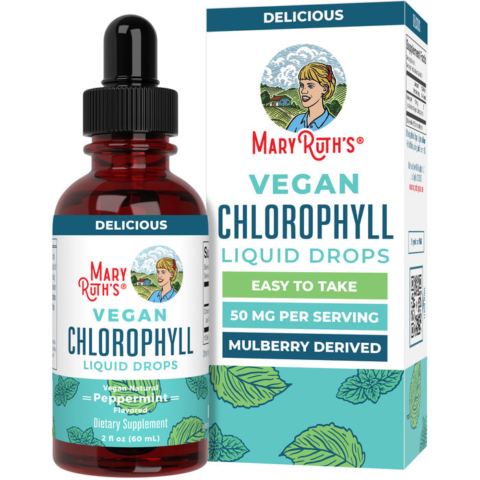 A bottle and box of MaryRuth's Vegan Liquid Chlorophyll Drops, peppermint flavor, featuring a retro-style woman, green leaves, and packaging highlights such as "Easy to Take," "50 mg Per Serving," and "Mulberry-Derived.