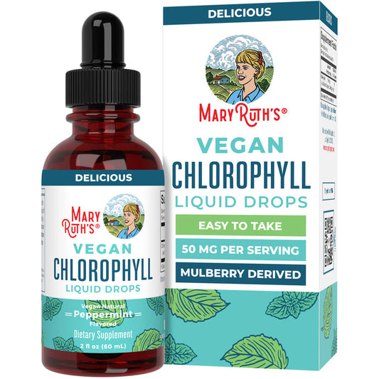 A bottle and box of MaryRuth's Vegan Liquid Chlorophyll Drops, peppermint flavor, featuring a retro-style woman, green leaves, and packaging highlights such as "Easy to Take," "50 mg Per Serving," and "Mulberry-Derived.
