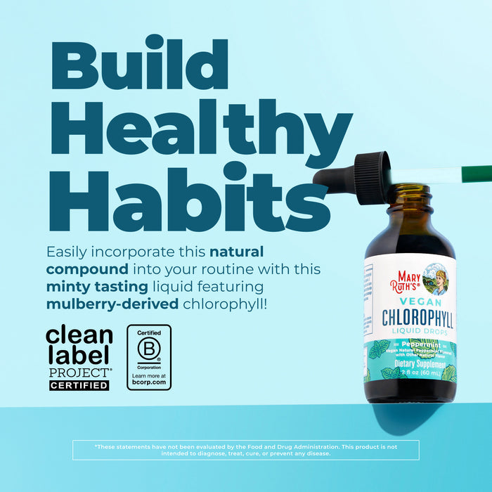 A brown MaryRuth’s Vegan Liquid Chlorophyll Drops bottle sits beside a green-filled dropper on a blue background. Text reads: “Build Healthy Habits” and spotlights natural, minty, mulberry-derived chlorophyll.