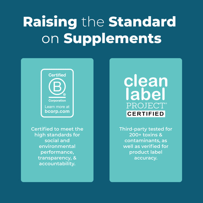 Heading: Raising the Standard on Supplements. Left: Certified B Corporation badge—MaryRuth's meets high social and environmental standards. Right: Clean Label Project Certified for Vegan Liquid Chlorophyll Drops, tested for label accuracy.