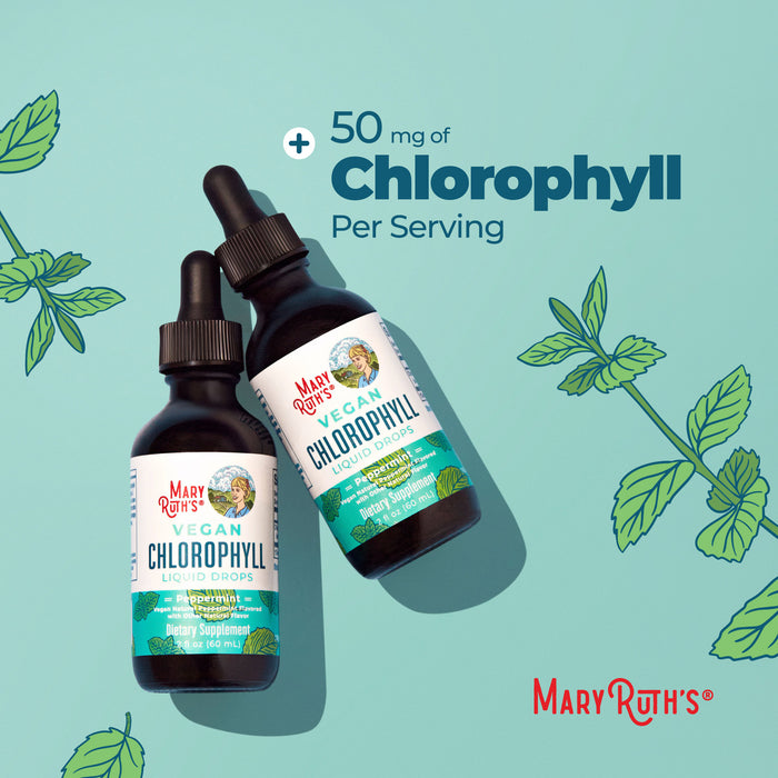 Two bottles of MaryRuth's Vegan Liquid Chlorophyll Drops on a blue background with mint leaf designs. Text: “+50 mg Mulberry-Derived Chlorophyll Per Serving.” MaryRuth’s logo is in the bottom right corner.