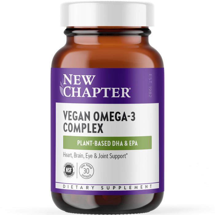 A brown bottle with a white cap labeled New Chapter Vegan Omega-3 Complex features Vegan DHA, EPA, and DPA Supplement in green text. It highlights Heart, Brain, Eye & Joint Support, displays NSF, non-GMO, and 30-capsule icons, and is crafted from algal oil for sustainable wellness.