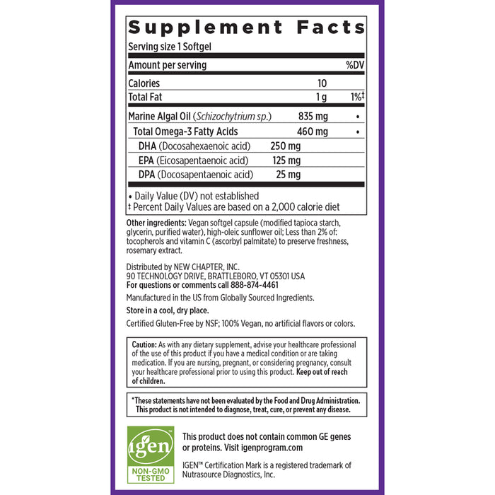 The image shows the supplement facts for New Chapters Vegan Omega-3 Complex softgels, featuring plant-based algal oil. It outlines serving size, calories, total fat, omega-3s (DHA, EPA, DPA), non-GMO status, dietary information, and caution notes.