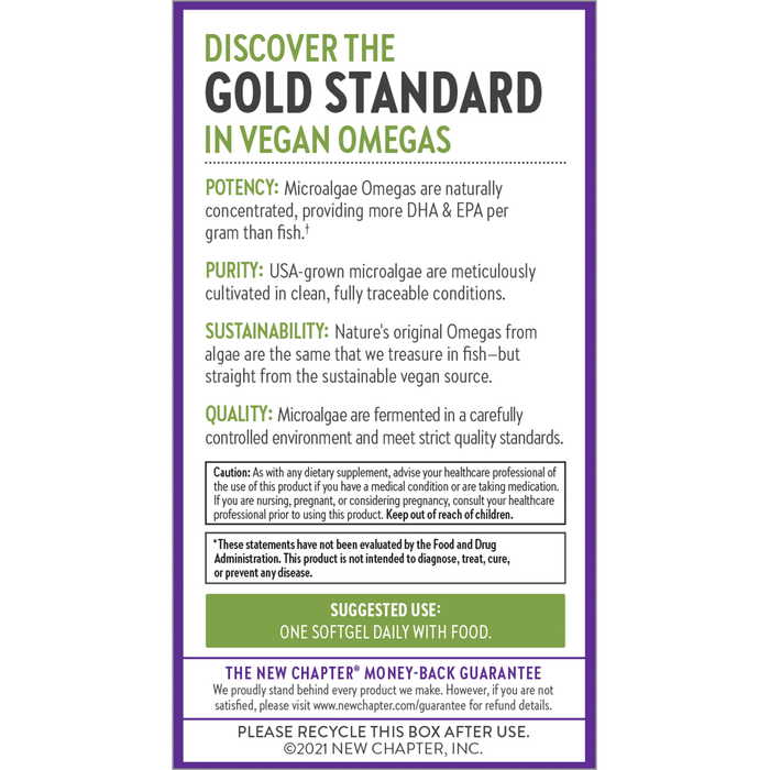 The informational label for New Chapters Vegan Omega-3 Complex highlights the purity, algal oil source, and sustainability of its DHA, EPA, and DPA. It includes usage directions, a company warranty, recycling info, and features green and purple colors.