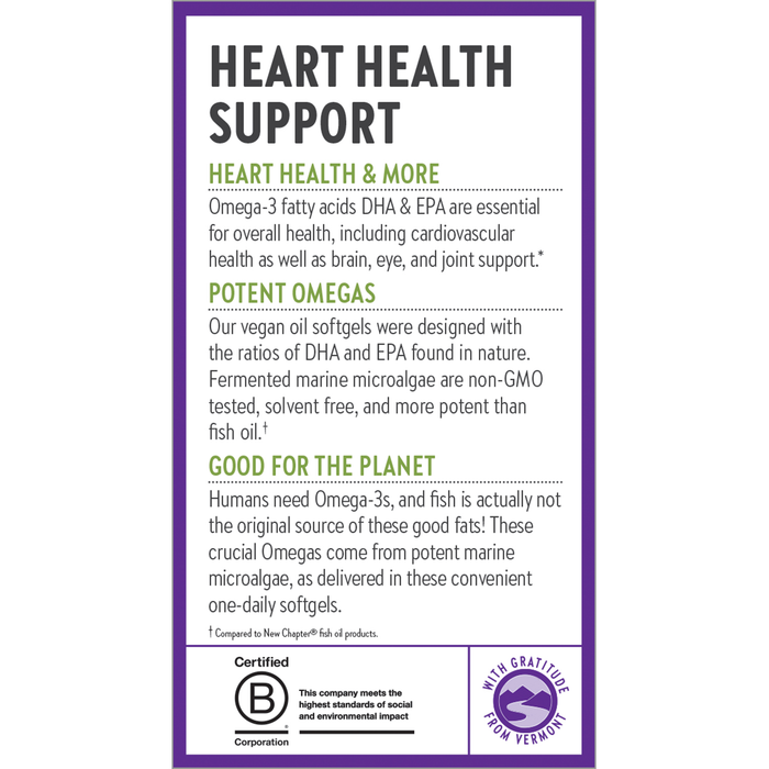 The label Heart Health Support highlights the heart benefits of New Chapters Vegan Omega-3 Complex, featuring DHA, EPA, and DPA from sustainably sourced algal oil. These potent, vegan-friendly plant-based softgels promote heart health.