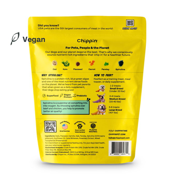 Yellow packaging of Chippin dog treats featuring ingredients like kale, flaxseed, and pumpkin. Text highlights nutritional benefits and feeding instructions. The packaging emphasizes sustainability and being vegan.