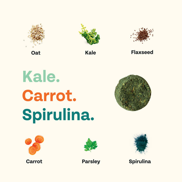 Illustration showing various ingredients with drawings: Oat, Kale, Flaxseed, Carrot, Parsley, and Spirulina. The words "Kale. Carrot. Spirulina." are bolded in green, orange, and teal next to a green sphere.