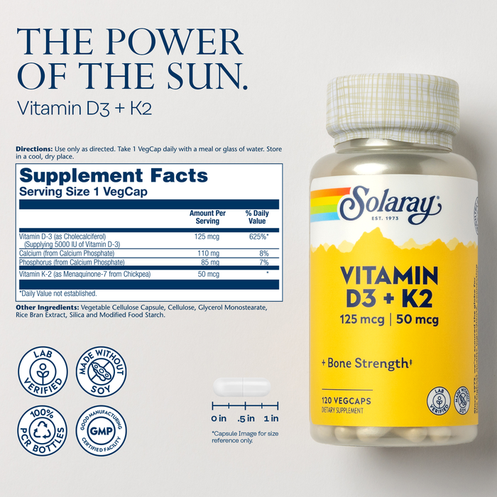 A bottle of Solaray Vitamin D3 + K2 is shown next to its packaging. The label highlights "Bone Strength" and "The Power of the Sun." Supplement facts and certifications, like "Lab Verified" and "Vegan," are also displayed.