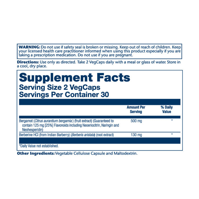 The supplement facts label for Solarays Vital Extracts Bergamot, 500 mg features powerful ingredients like Bergamot fruit extract and Berberine HCl. It includes serving details and lists additional components such as vegetable cellulose capsule and maltodextrin, offering a flavonoid-rich wellness formulation.