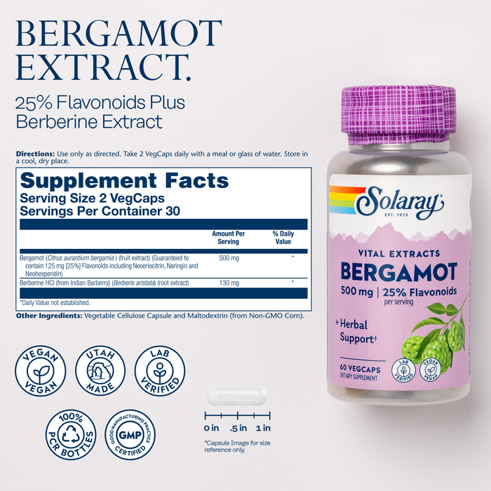 A bottle labeled "Solaray Vital Extracts Bergamot" is displayed. It states "500 mg, 25% Flavonoids, Herbal Support" and "60 VegCaps." Supplement facts and details about its ingredients and certifications are on the right.