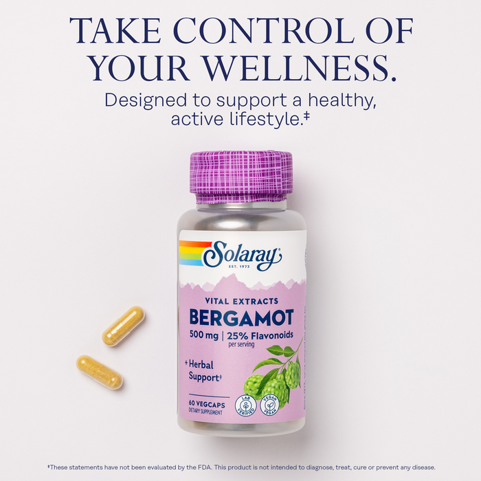 A bottle of Solaray Bergamot supplements with "Take Control of Your Wellness" text above. The bottle contains 500 mg, 60 veggie capsules, and a note about supporting a healthy lifestyle. Two capsules are placed beside the bottle.