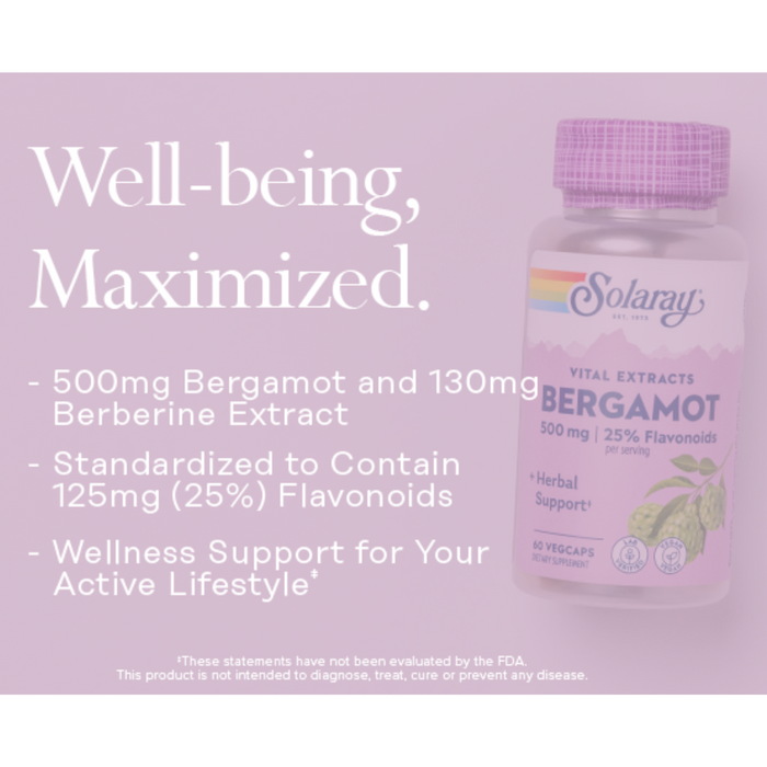 A bottle of Solaray Vital Extracts Bergamot capsules on a pink background. Text highlights: "Well-being, Maximized," listing ingredients like 500mg Bergamot, 130mg Berberine, and 125mg (25%) Flavonoids for herbal support and wellness.