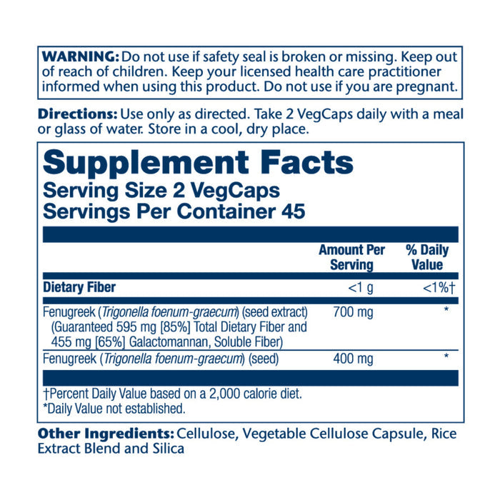 The image shows the supplement facts label for Solarays Vital Extracts Fenugreek Veg Capsule, emphasizing its digestive support and milk production benefits. It includes directions, a warning, and lists Fenugreek seed extract and galactomannan as main ingredients. Serving size: 2 VegCaps; 45 servings per container plus cellulose, rice extract blend, and silica.