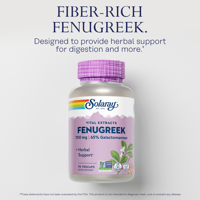Image of a Solaray Fenugreek supplement bottle with a purple cap on a light gray background. Text above reads, "Fiber-rich Fenugreek," and below, details the product's digestive support benefits and herbal ingredients.