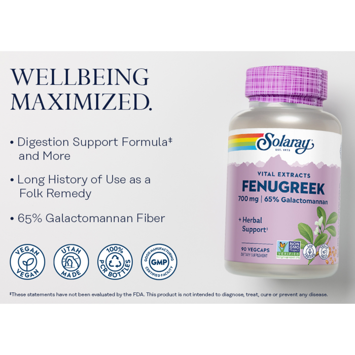 A bottle of Solaray Fenugreek Vital Extracts with 700 mg, featuring 65% galactomannan. Promoted benefits include digestion support and herbal support. The product is vegan, quality certified, and USA made, with accompanying text and icons.