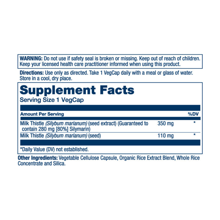 The supplement facts for Solarays Vital Extracts Milk Thistle, 350 mg: Each capsule contains 350 mg of Milk Thistle seed extract, rich in silymarin, plus 110 mg seed powder for liver support. Also includes directions, warnings, and details on other ingredients: cellulose capsule, rice concentrate, and silica.