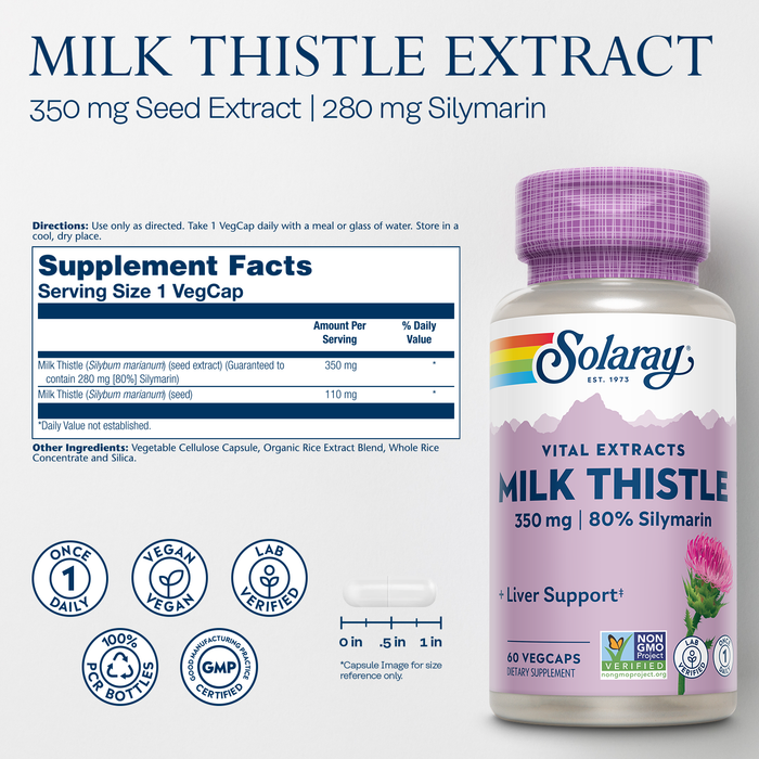 A bottle of Solaray Milk Thistle Extract with 60 veggie capsules is shown. It includes supplement facts and icons indicating daily usage, vegan certification, a BPA-free bottle, and GMP compliance. The extract supports liver health.