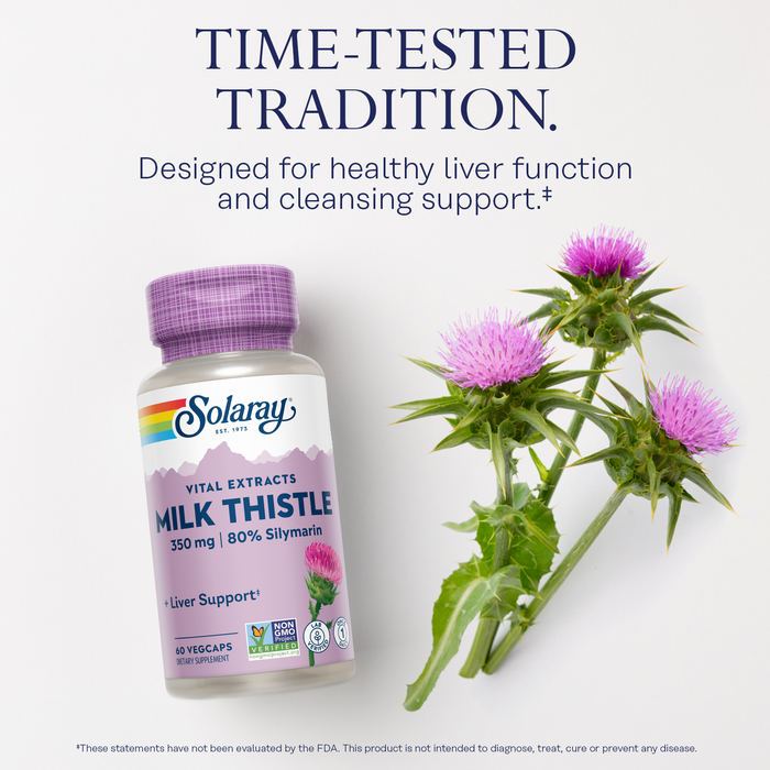 A bottle of Solaray Vital Extracts Milk Thistle capsules is shown next to a milk thistle plant. The label on the bottle indicates it contains 350 mg of 80% silymarin, designed for liver support. Text above reads "Time-tested tradition.