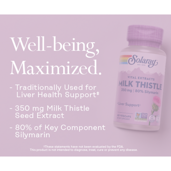 Image of a bottle of Solaray Vital Extracts Milk Thistle supplement on a light pink background. Text highlights traditional liver health support, 350 mg milk thistle seed extract, and 80% silymarin content. FDA disclaimer included at bottom.