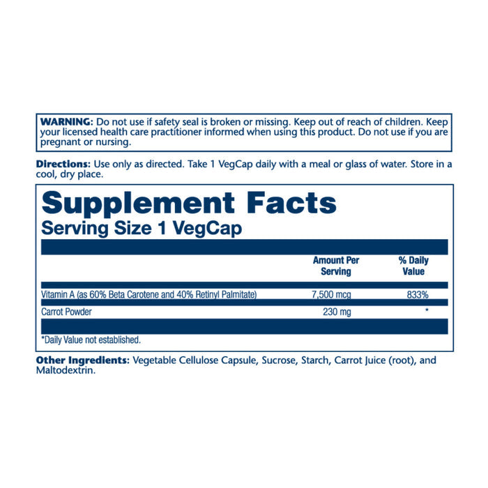 The Vitamin A supplement from Solaray provides 7,500 mcg from beta carotene and retinyl palmitate to support immunity. It contains 230 mg of carrot powder, with warnings and directions also on the label. Additional ingredients are listed below.