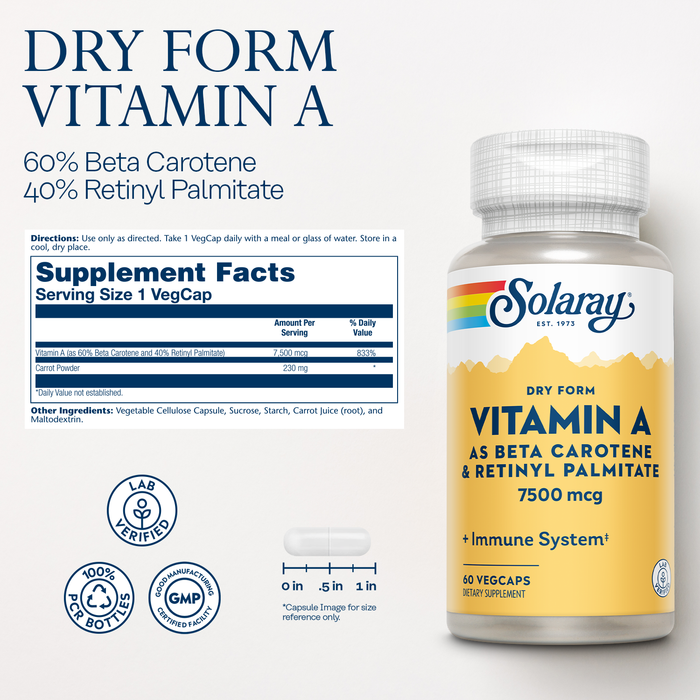Image of a Solaray vitamin bottle labeled "Dry Form Vitamin A" with 60 capsules, featuring 60% beta carotene and 40% retinyl palmitate. Includes supplement facts and badges for lab verification, GMP, and a size guide.